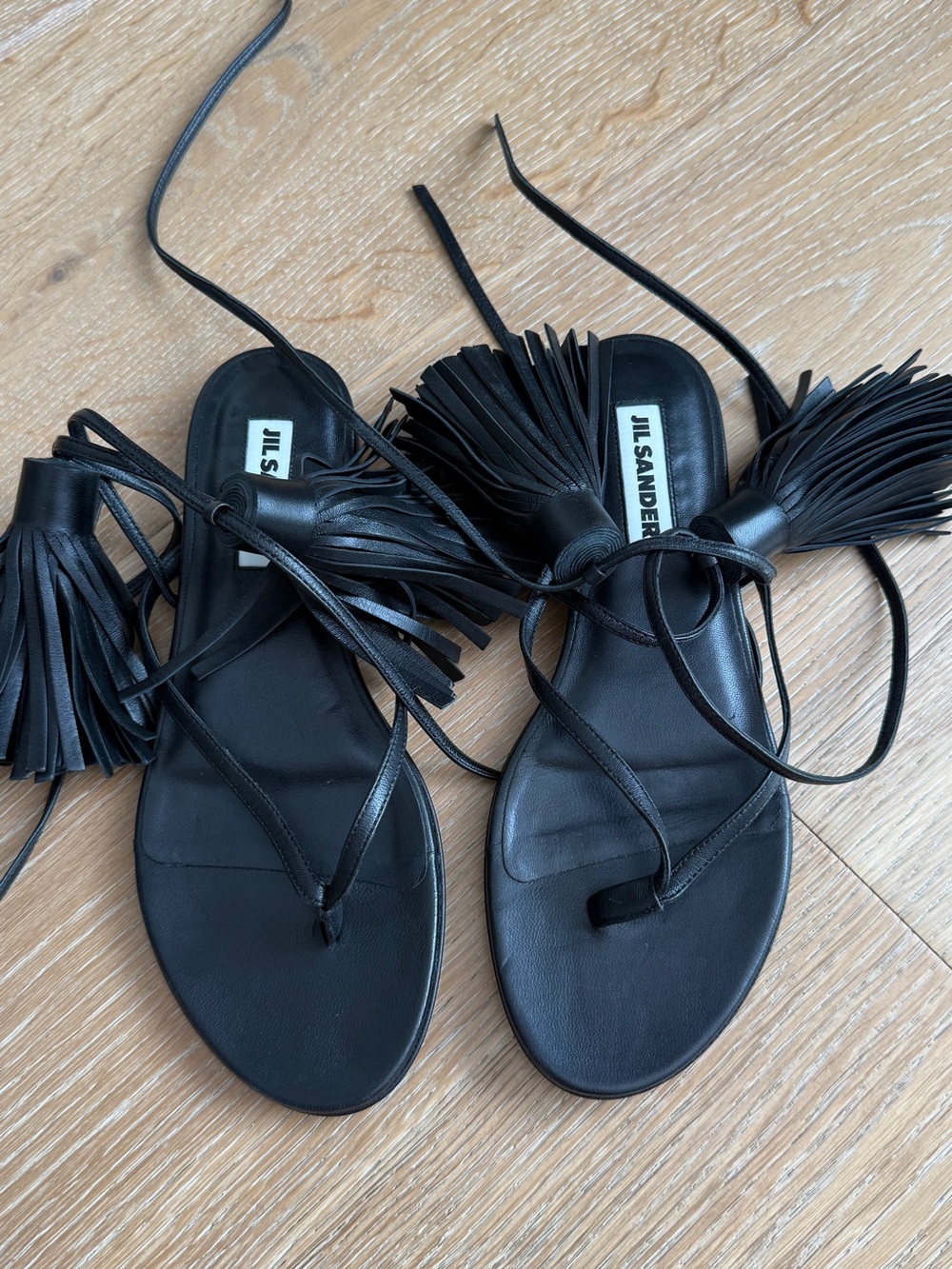 Jil Sander Black Leather Tassel Lace-Up Sandals